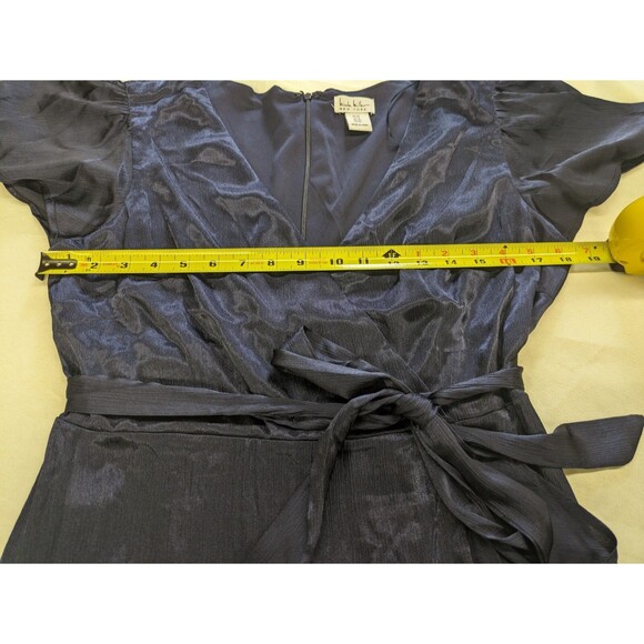 Nicole Miller Navy Blue Satin Faux Wrap High Low Midi Dress Belted Flutter Sz 10 - Picture 10 of 11